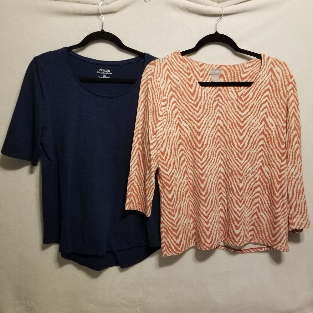 Chicos 1 (M) Tops Lot of 2 Navy Blue Ultimate Tee Mauve Animal Print Classic